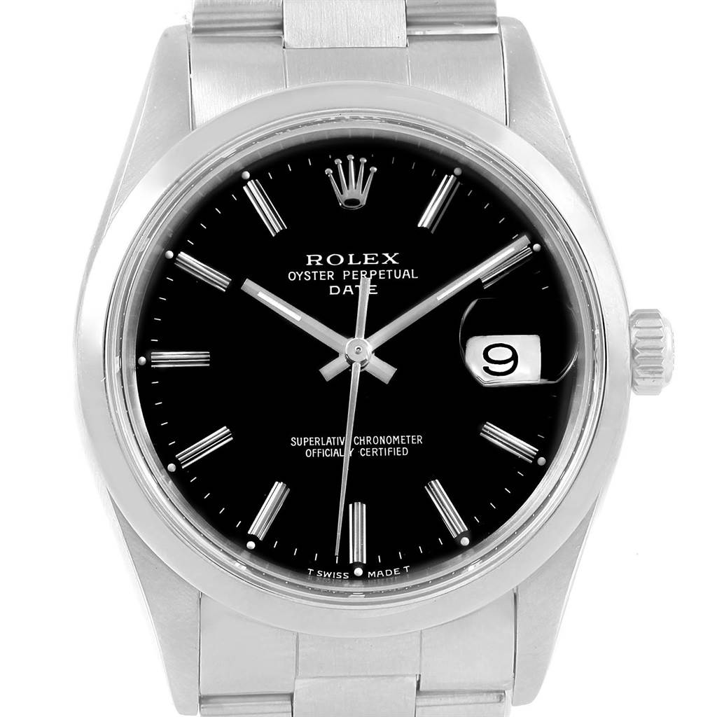 This image shows a front view of a Rolex Date 15200 Men's Stainless Steel Black Dial 15200 Men's Stainless Steel Black Dial model watch, featuring its black dial, date window, and stainless steel bracelet.