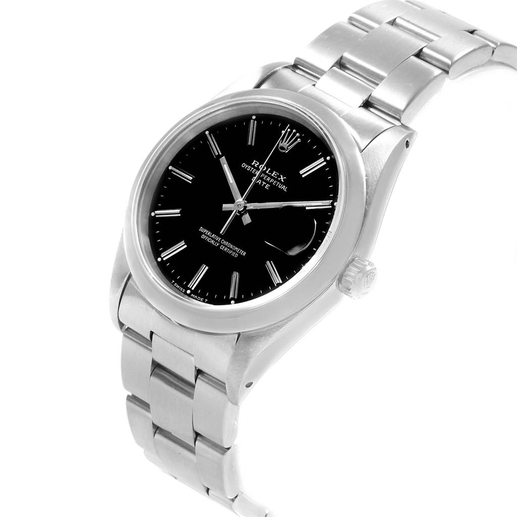 The image shows a Rolex Date 15200 Men's Stainless Steel Black Dial 15200 Men's Stainless Steel Black Dial model watch from an angled view, featuring its black dial and stainless steel bracelet.