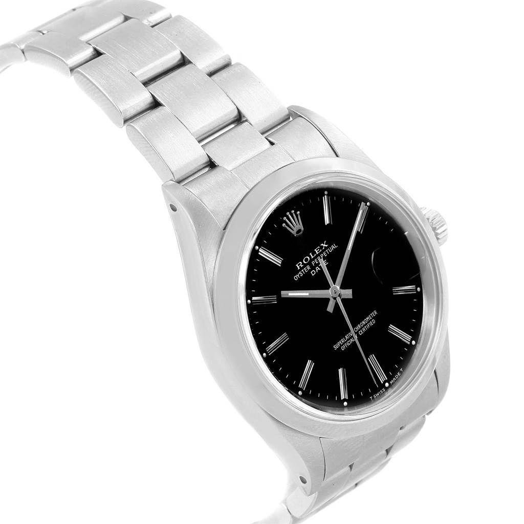 The Rolex Date 15200 Men's Stainless Steel Black Dial 15200 Men's Stainless Steel Black Dial model watch is shown at an angled view, displaying its black dial, bezel, crown, and stainless steel bracelet.