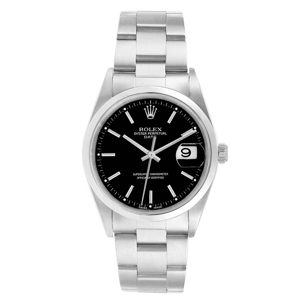 The image shows a front view of a Rolex Date 15200 Men's Stainless Steel Black Dial 15200 Men's Stainless Steel Black Dial model watch, highlighting the dial, bezel, case, and bracelet.