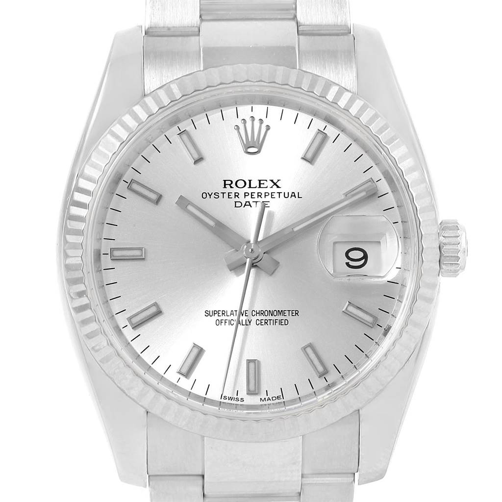 This image shows the front of a Rolex Date 115234 Men's Stainless Steel Silver Dial 115234 Men's Stainless Steel Silver Dial model watch, highlighting the face, bezel, crown, and part of the bracelet.