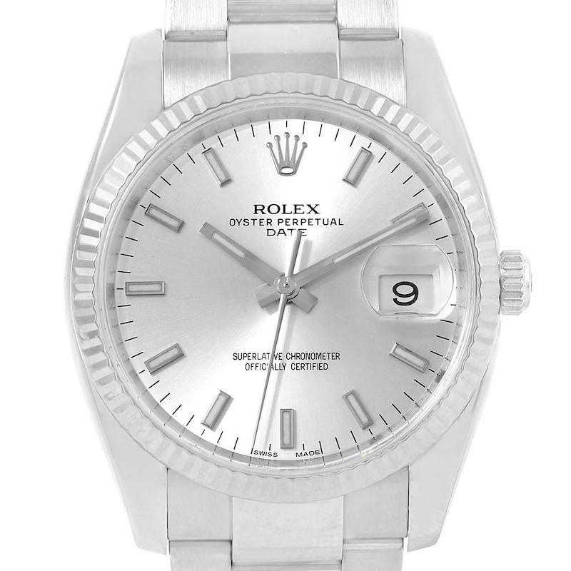 Rolex Date 34 Steel White Gold Silver Dial Mens Watch 115234 Box Papers SwissWatchExpo
