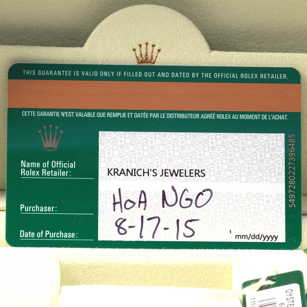 The image shows a warranty card for a Rolex Date 115234 Men's Stainless Steel Silver Dial 115234 Men's Stainless Steel Silver Dial model, issued by Kranich's Jewelers, dated 8-17-15.