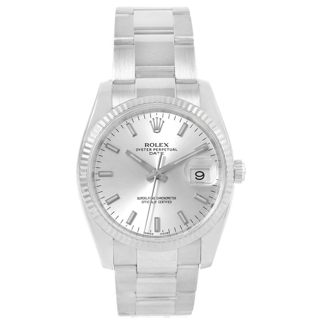 The image shows a Rolex Date 115234 Men's Stainless Steel Silver Dial 115234 Men's Stainless Steel Silver Dial model watch face and bracelet from a front angle.