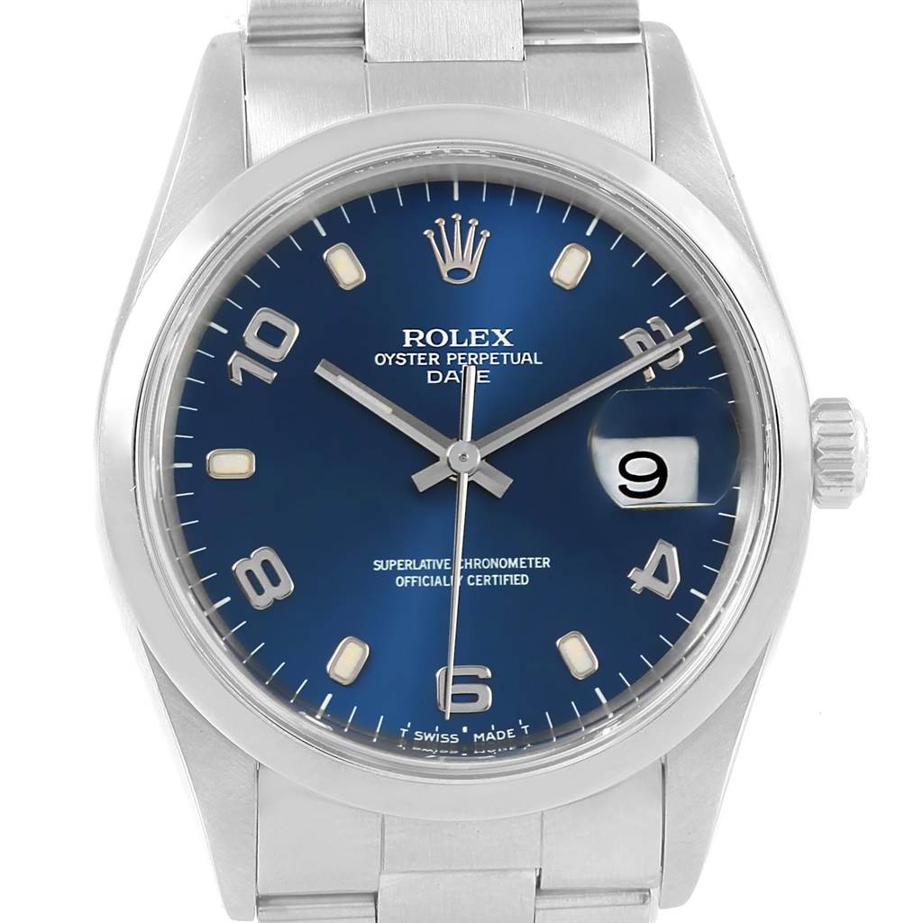 This Rolex Date 15200 Men's Stainless Steel Blue Dial 15200 Men's Stainless Steel Blue Dial watch is shown from a top-down angle, displaying its face, crown, and part of the bracelet.