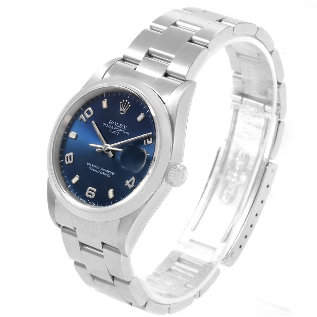The image shows a Rolex Date 15200 Men's Stainless Steel Blue Dial 15200 Men's Stainless Steel Blue Dial model watch from a front angle, highlighting its blue dial, stainless steel case, and bracelet.