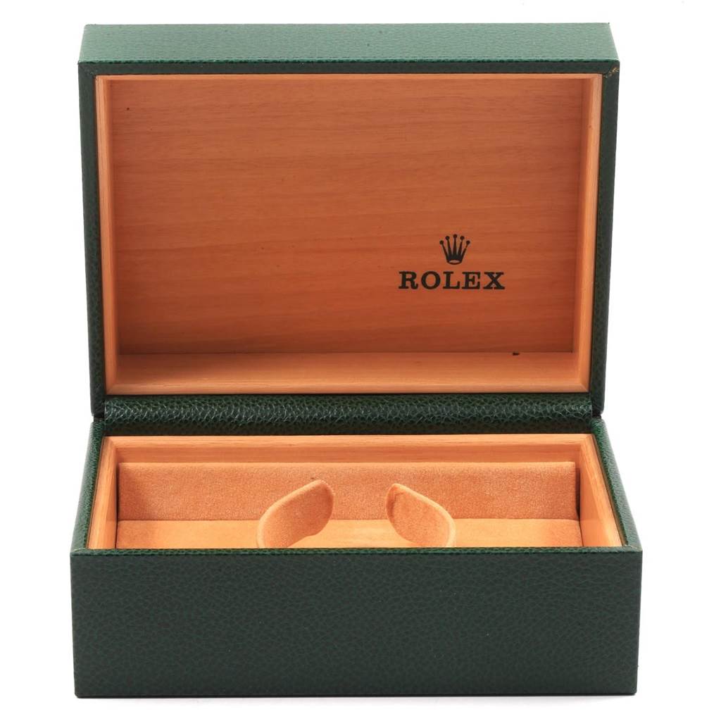 This image shows an open green and tan Rolex Date 15200 Men's Stainless Steel Blue Dial 15200 Men's Stainless Steel Blue Dial model watch box, viewed from the front.