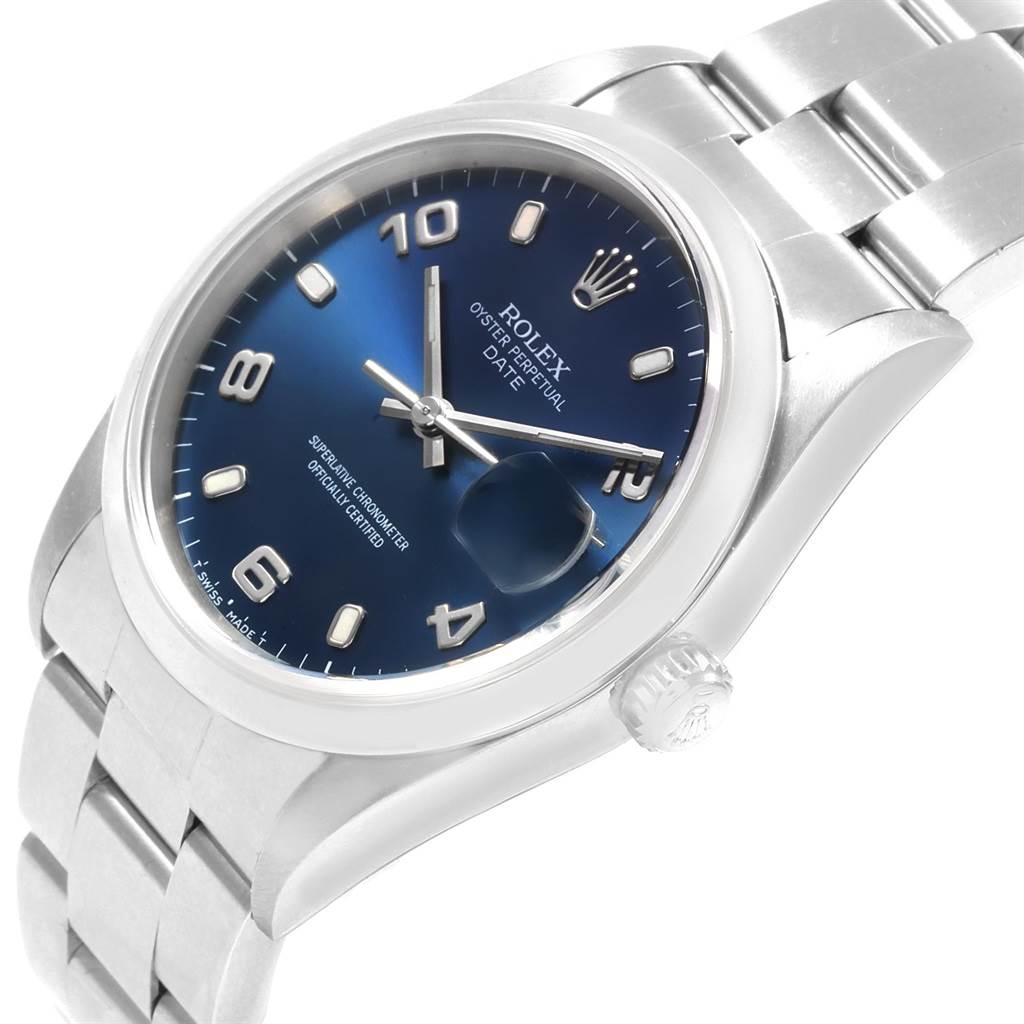 The image shows a Rolex Date 15200 Men's Stainless Steel Blue Dial 15200 Men's Stainless Steel Blue Dial model watch at a slight angle, highlighting the blue dial, crown, and a part of the bracelet.