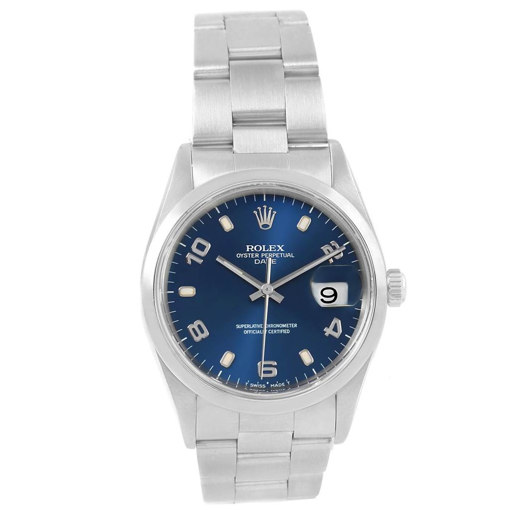 This image shows a frontal view of Rolex Date 15200 Men's Stainless Steel Blue Dial 15200 Men's Stainless Steel Blue Dial, displaying the blue dial, date window, and metal bracelet.