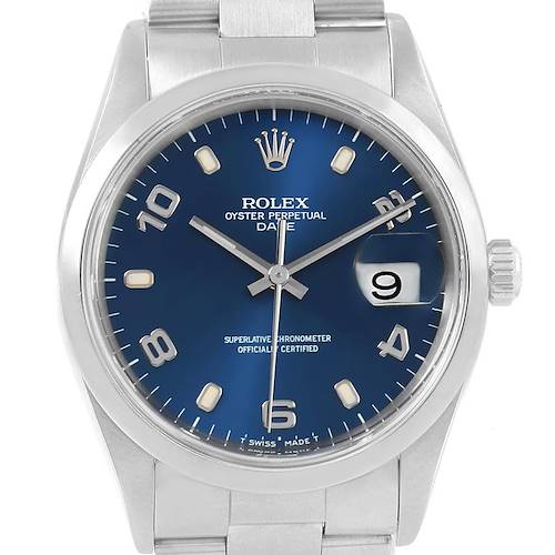Photo of Rolex Date Blue Arabic Dial Steel Mens Watch 15200 Box