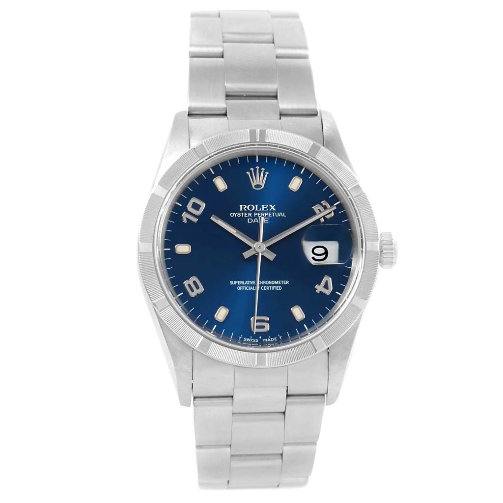 The image shows a front view of a Rolex Date 15210 Men's Stainless Steel Blue Dial 15210 Men's Stainless Steel Blue Dial watch featuring a blue dial, date window, and stainless steel bracelet.