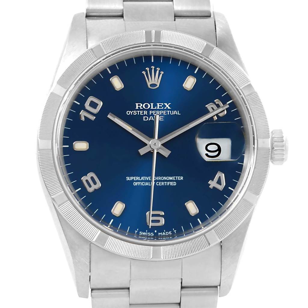 This image shows a front view of a Rolex Date 15210 Men's Stainless Steel Blue Dial 15210 Men's Stainless Steel Blue Dial model watch featuring a blue dial and stainless steel bracelet.