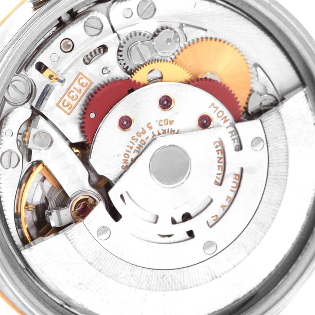 This image shows a close-up, detailed view of the internal mechanism of a Rolex Date 15223 Men's Steel and Gold (two tone) Champagne Dial 15223 Men's Steel and Gold (two tone) Champagne Dial model watch.