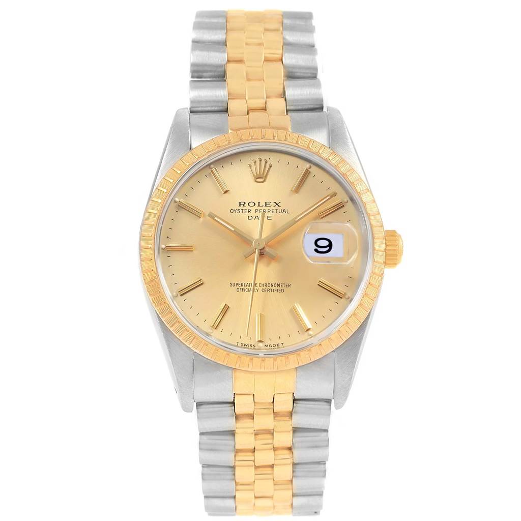 The image shows a frontal view of a Rolex Date 15223 Men's Steel and Gold (two tone) Champagne Dial 15223 Men's Steel and Gold (two tone) Champagne Dial model, highlighting its face, bezel, and two-tone bracelet.