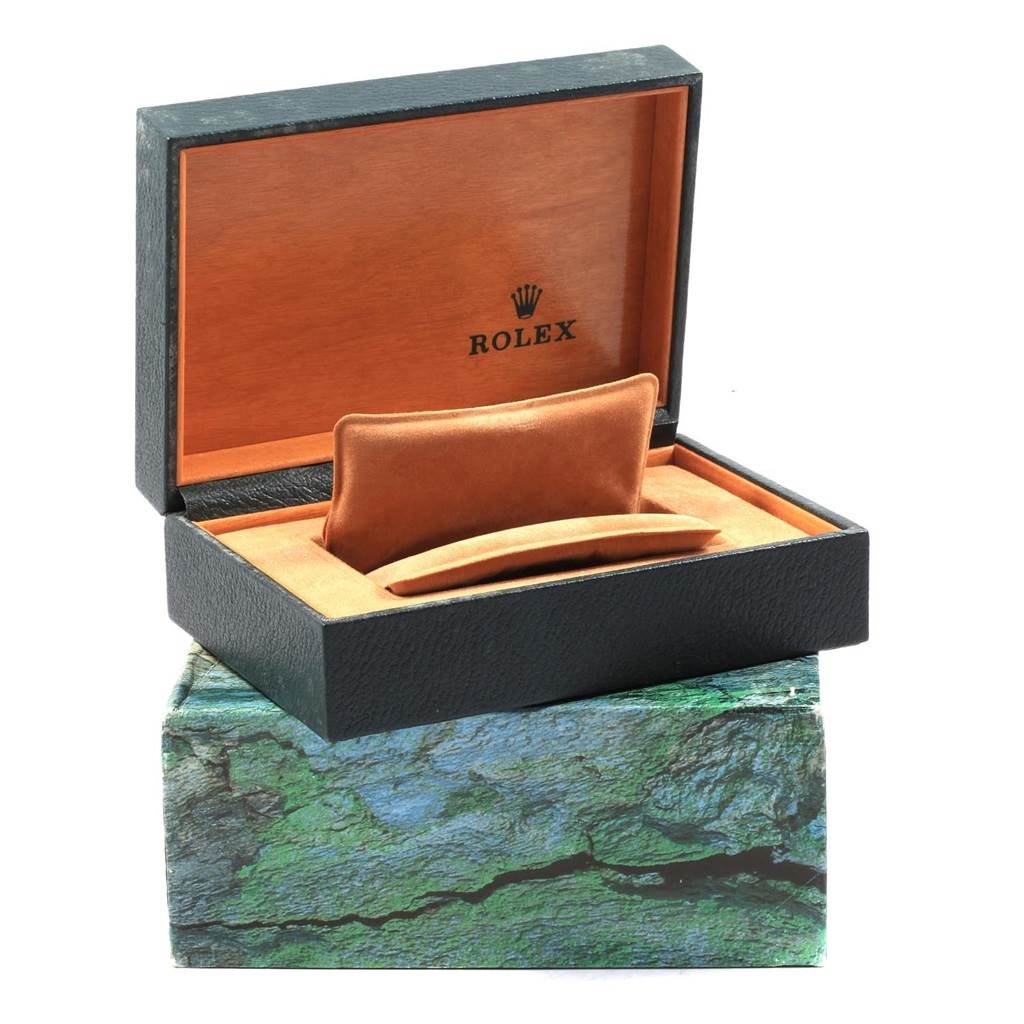 The image shows an open box for a Rolex Date 15223 Men's Steel and Gold (two tone) Black Dial 15223 Men's Steel and Gold (two tone) Black Dial model watch, highlighting the interior and the Rolex logo.