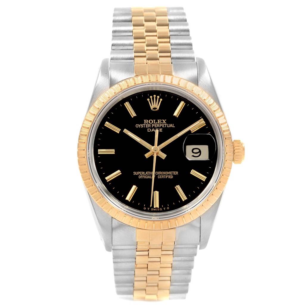 The image shows a front view of the Rolex Date 15223 Men's Steel and Gold (two tone) Black Dial 15223 Men's Steel and Gold (two tone) Black Dial model watch with a black dial, gold bezel, and two-tone bracelet.