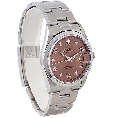 The image shows a Rolex Date 15200 Men's Stainless Steel Brown Dial 15200 Men's Stainless Steel Brown Dial model watch with a side-angle view of the face, crown, and bracelet.