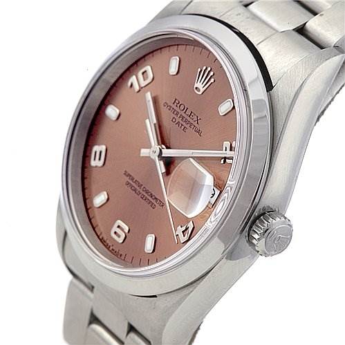 The image shows a close-up, angled view of a Rolex Date 15200 Men's Stainless Steel Brown Dial 15200 Men's Stainless Steel Brown Dial model watch, highlighting its dial, bezel, crown, and part of the bracelet.