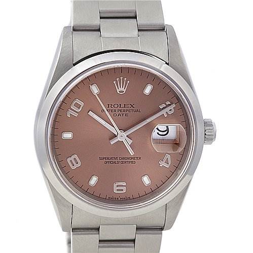 The image shows a frontal view of a Rolex Date 15200 Men's Stainless Steel Brown Dial 15200 Men's Stainless Steel Brown Dial model watch, highlighting the dial, hour markers, hands, date window, and bracelet.