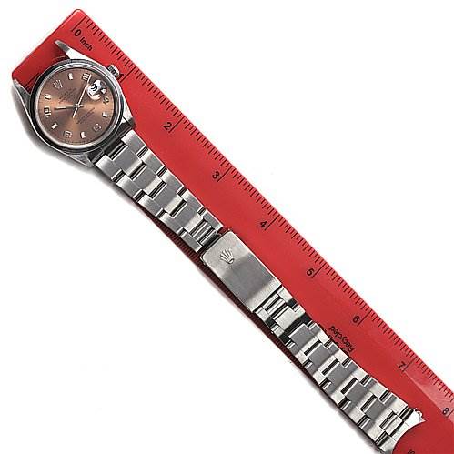 The image shows a top-down view of a Rolex Date 15200 Men's Stainless Steel Brown Dial 15200 Men's Stainless Steel Brown Dial watch, displaying its face, bezel, and full metal bracelet with clasp.