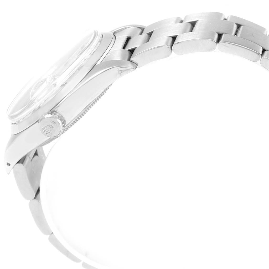 This image shows a side view of the Rolex Date 1500 Men's Stainless Steel White Dial 1500 Men's Stainless Steel White Dial model watch, highlighting the crown and bracelet.