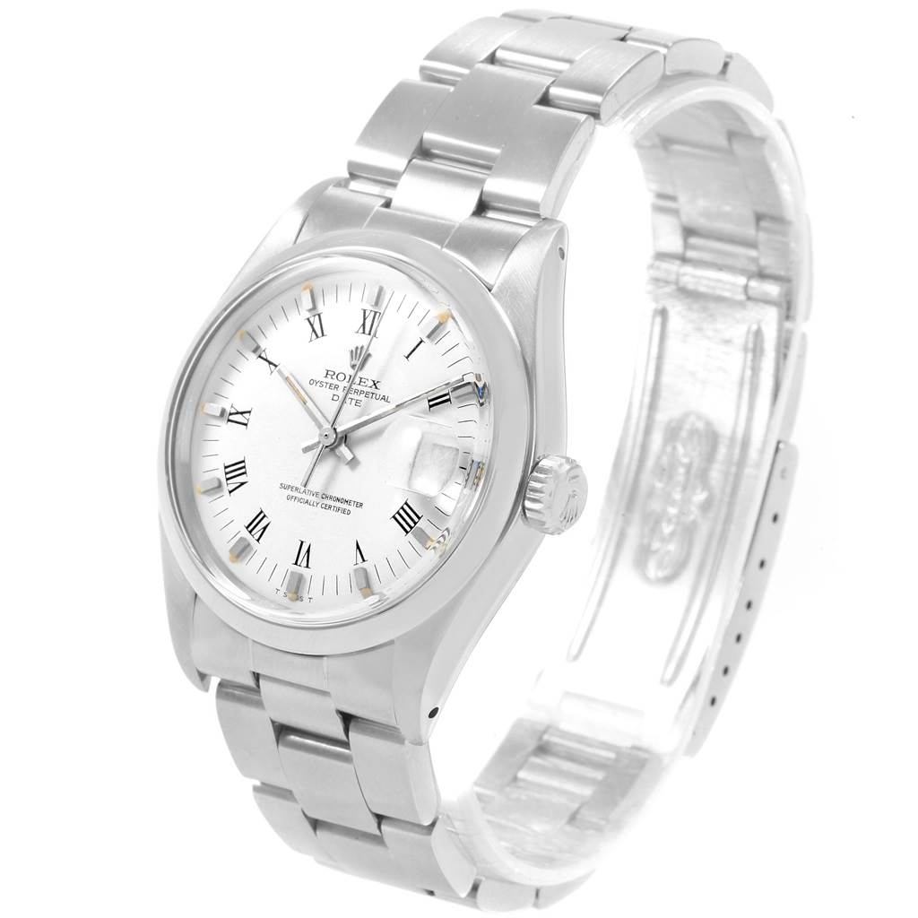 This image shows a Rolex Date 1500 Men's Stainless Steel White Dial 1500 Men's Stainless Steel White Dial model watch from a front left angle, displaying the face, bezel, crown, and metal bracelet.