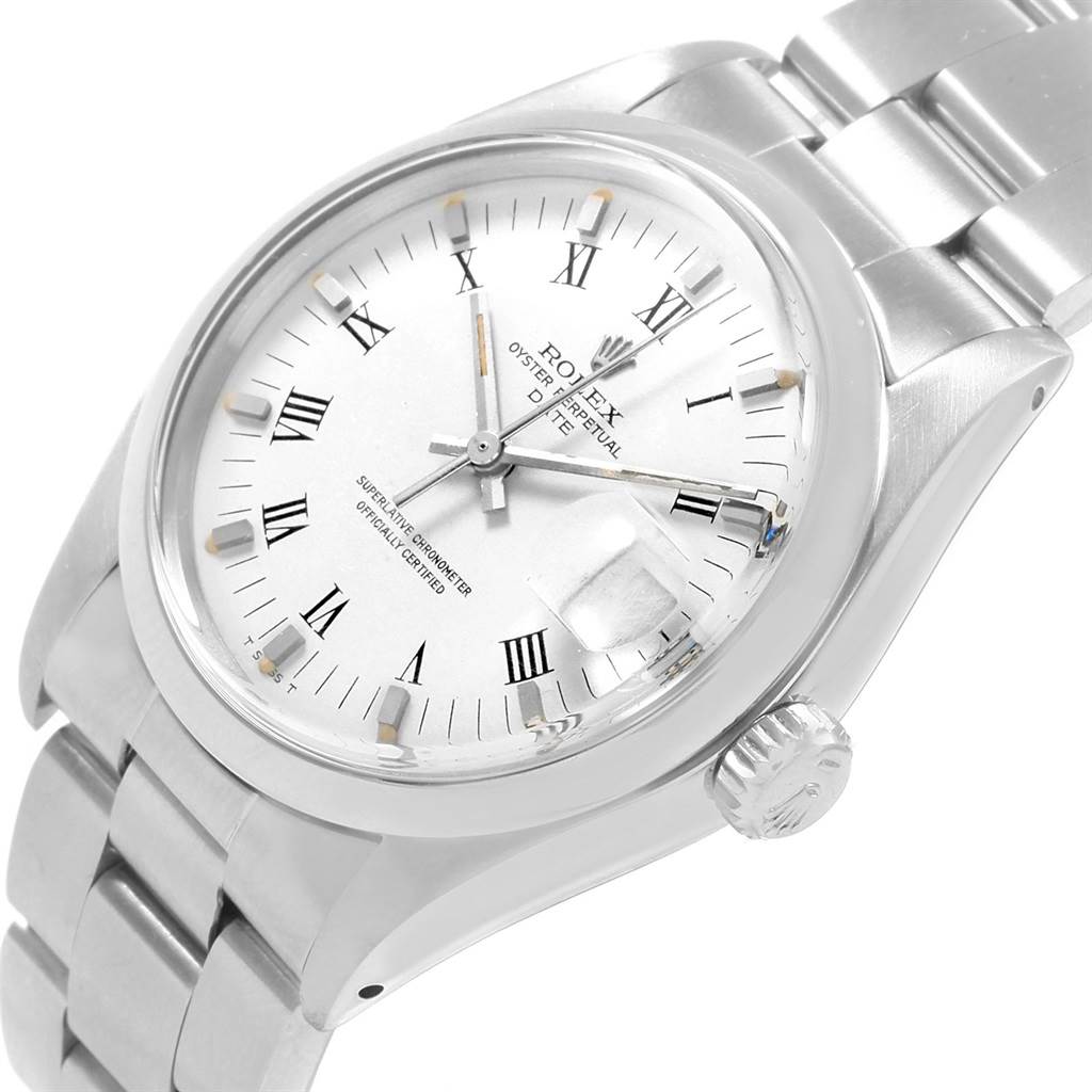 This image shows a front-angle view of a Rolex Date 1500 Men's Stainless Steel White Dial 1500 Men's Stainless Steel White Dial model watch, highlighting the dial, crown, and bracelet.