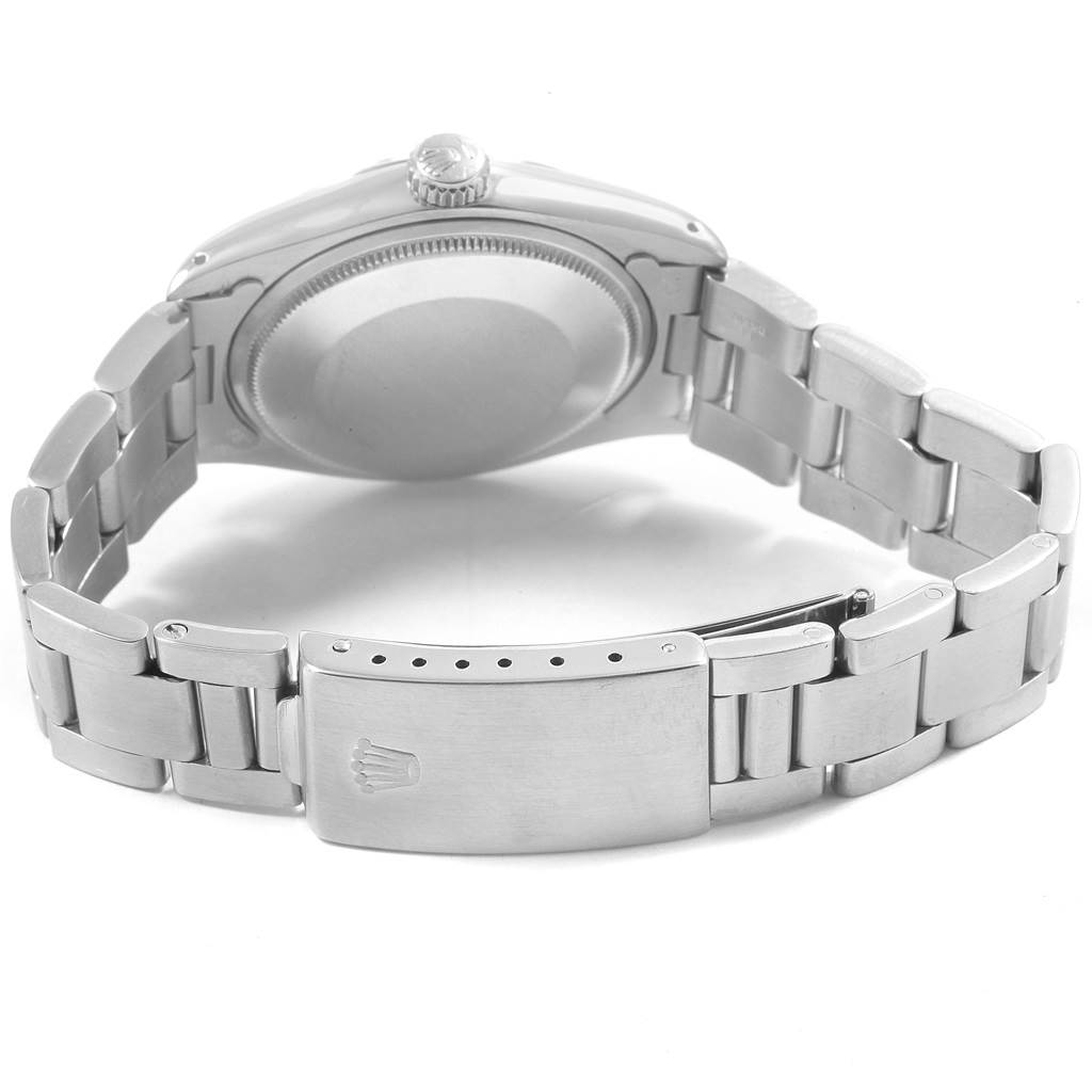 The image shows the back view of a Rolex Date 1500 Men's Stainless Steel White Dial 1500 Men's Stainless Steel White Dial model watch, highlighting the bracelet and clasp.