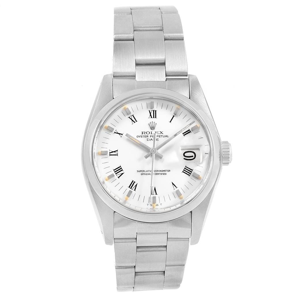 This image shows a front view of the Rolex Date 1500 Men's Stainless Steel White Dial 1500 Men's Stainless Steel White Dial model watch, featuring its dial, bezel, bracelet, and crown.