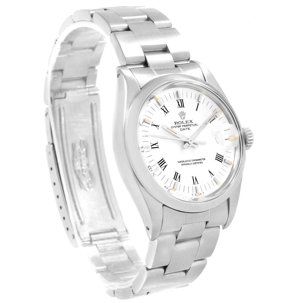 The image shows a Rolex Date 1500 Men's Stainless Steel White Dial 1500 Men's Stainless Steel White Dial model watch at a three-quarter angle, highlighting the face, bracelet, and clasp.