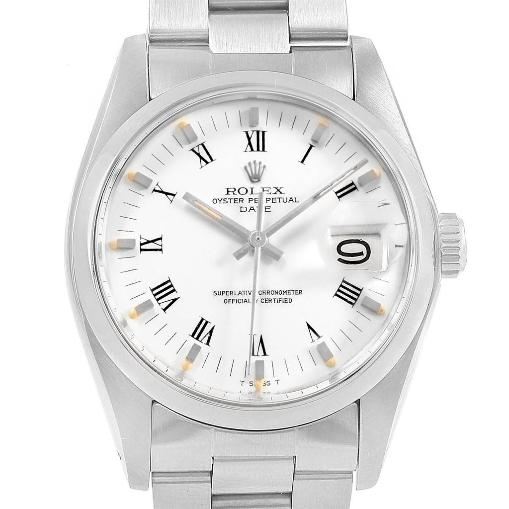 The Rolex Date 1500 Men's Stainless Steel White Dial 1500 Men's Stainless Steel White Dial model is shown from a top-down angle, displaying the dial, hands, date window, and bracelet.