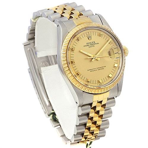The image shows a Rolex Date 15053 Men's Stainless Steel Champagne Dial 15053 Men's Stainless Steel Champagne Dial model watch at a slight angle, highlighting its two-tone bracelet, gold bezel, and champagne dial.