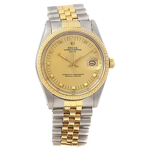 The image shows a front view of a Rolex Date 15053 Men's Stainless Steel Champagne Dial 15053 Men's Stainless Steel Champagne Dial model watch, displaying its gold dial, fluted bezel, and Jubilee bracelet.