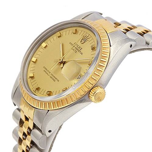 The image shows a Rolex Date 15053 Men's Stainless Steel Champagne Dial 15053 Men's Stainless Steel Champagne Dial model watch at an angled view highlighting the gold bezel, crown, bracelet, and champagne dial with date magnifier.