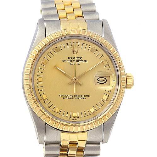 This image shows a front view of a Rolex Oyster Perpetual Date watch, displaying its dial, bezel, and part of its bracelet.