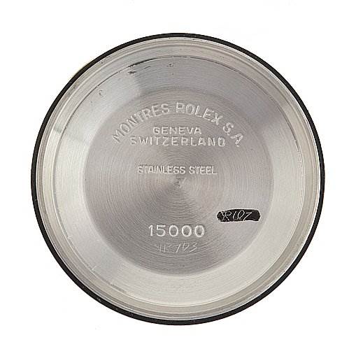 This image shows the inside case back of a Rolex Date 15053 Men's Stainless Steel Champagne Dial 15053 Men's Stainless Steel Champagne Dial model.