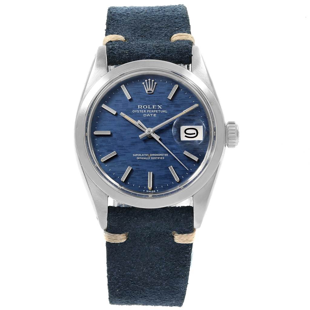 The image shows a front view of a Rolex Date 1500 Men's Stainless Steel Blue Dial 1500 Men's Stainless Steel Blue Dial model watch with a blue dial and a blue leather strap.