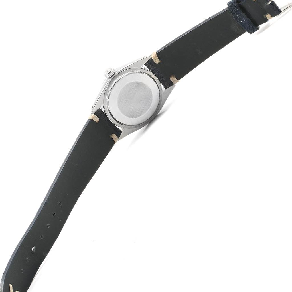 This image shows the back casing and strap of a Rolex Date 1500 Men's Stainless Steel Blue Dial 1500 Men's Stainless Steel Blue Dial watch, viewed from the backside.