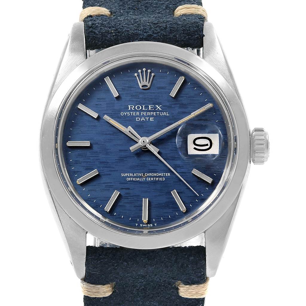 This image shows a front view of the Rolex Date 1500 Men's Stainless Steel Blue Dial 1500 Men's Stainless Steel Blue Dial watch, including the dial, hands, crown, and strap.