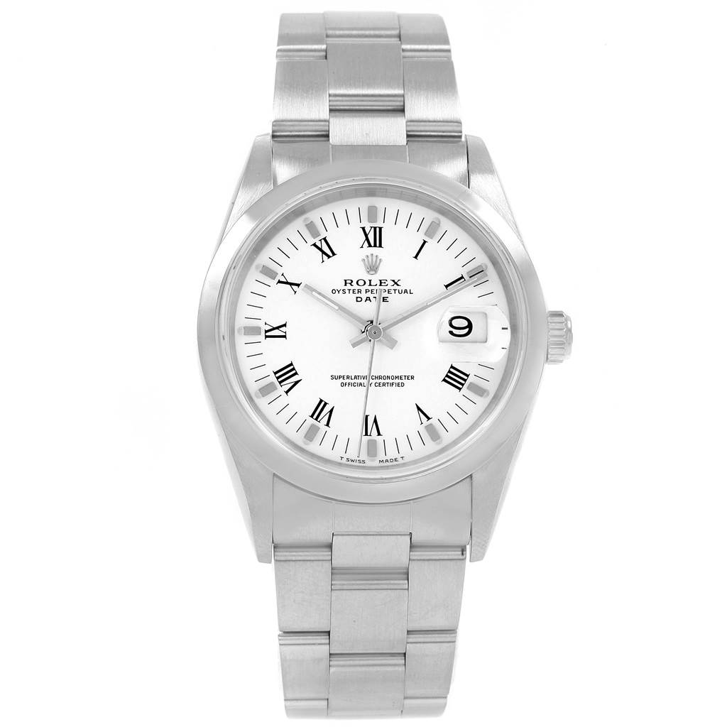 The silver Rolex Date 15200 Men's Stainless Steel White Dial 15200 Men's Stainless Steel White Dial model is shown from a top-down angle, displaying the face, bezel, crown, and bracelet.