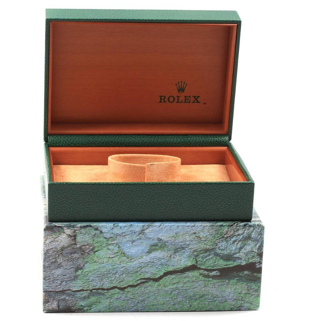 The image displays an open Rolex Date 15200 Men's Stainless Steel White Dial 15200 Men's Stainless Steel White Dial model watch box from the front, showing the interior cushion.