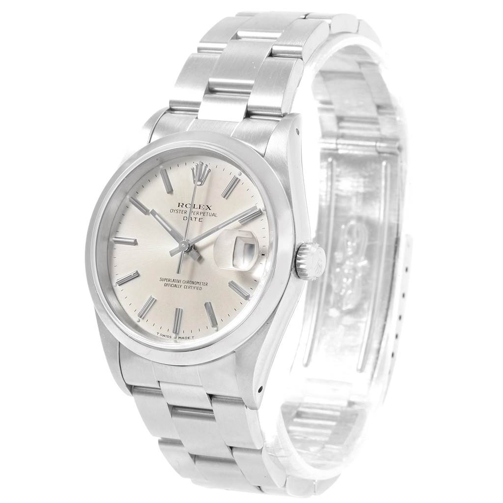 This image shows a Rolex Date 15200 Men's Stainless Steel Silver Dial 15200 Men's Stainless Steel Silver Dial model from a front angle, highlighting the dial, bracelet, crown, and date magnifier.