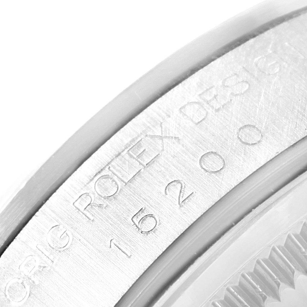 The image shows a close-up angle of the Rolex Date 15200 Men's Stainless Steel Silver Dial 15200 Men's Stainless Steel Silver Dial model case with the engraved design and model number (15200).