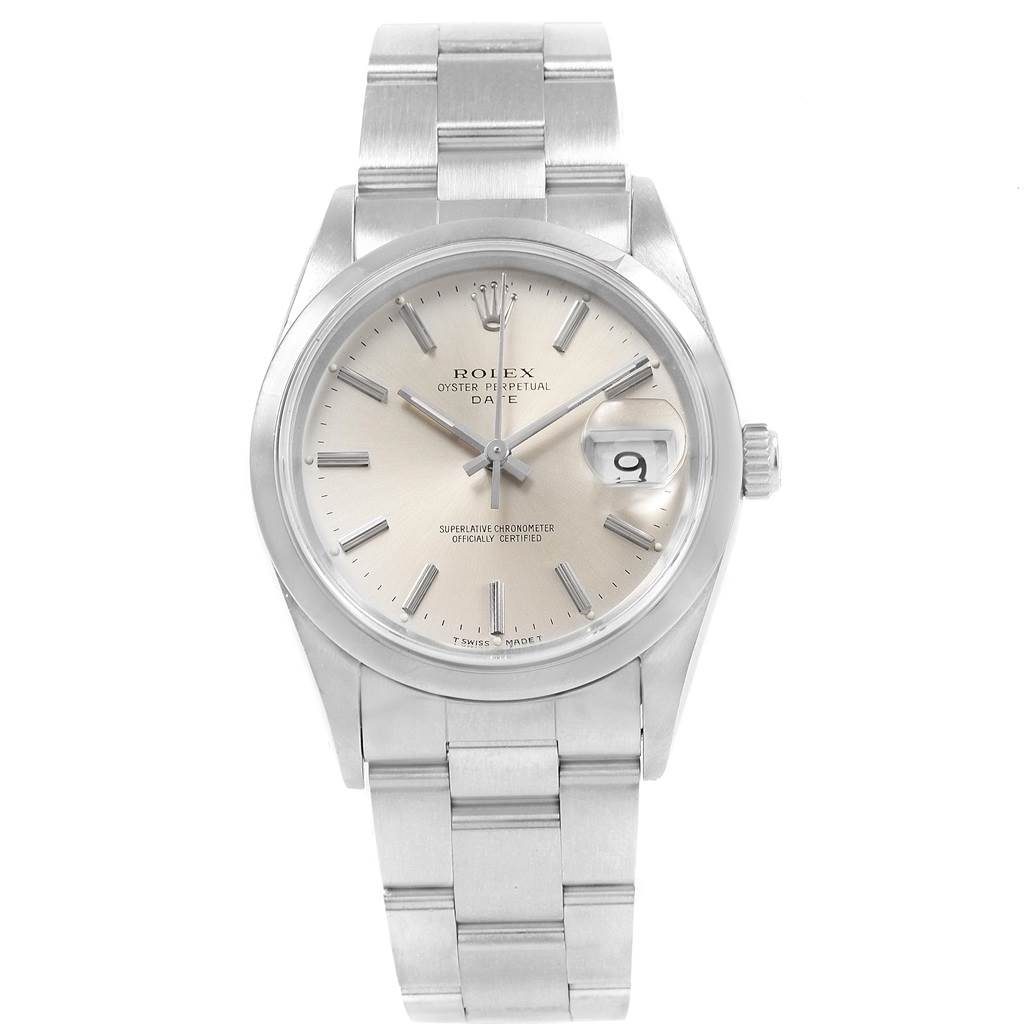 The image shows a front view of a Rolex Date 15200 Men's Stainless Steel Silver Dial 15200 Men's Stainless Steel Silver Dial model watch displaying its face, bezel, crown, and bracelet.