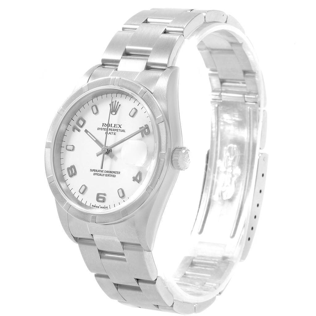 The image shows a Rolex Date 15210 Men's Stainless Steel White Dial 15210 Men's Stainless Steel White Dial model watch angled front-left, highlighting its face, crown, and bracelet.