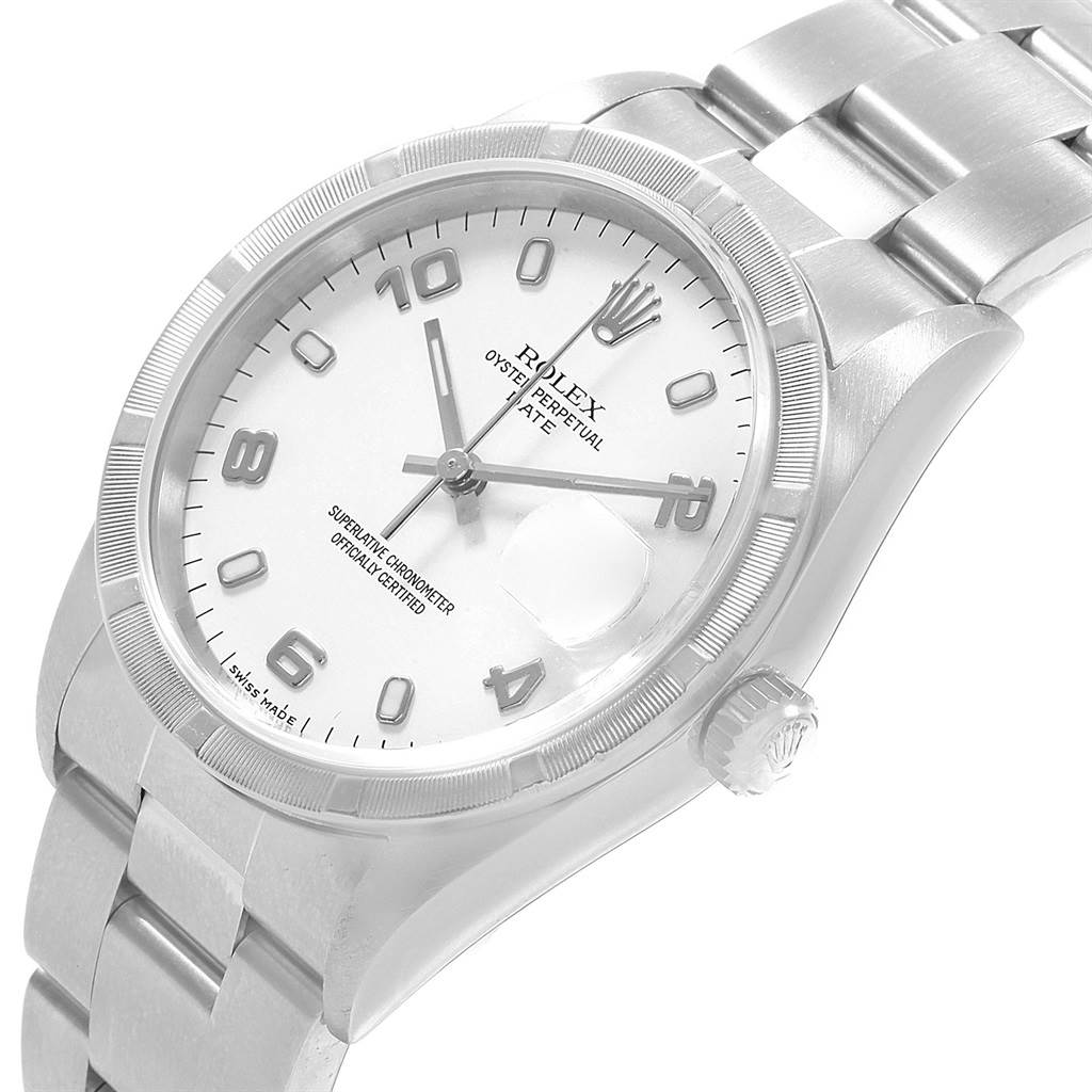 This Rolex Date 15210 Men's Stainless Steel White Dial 15210 Men's Stainless Steel White Dial model watch is shown at an angle displaying its face, crown, bezel, and part of its bracelet.