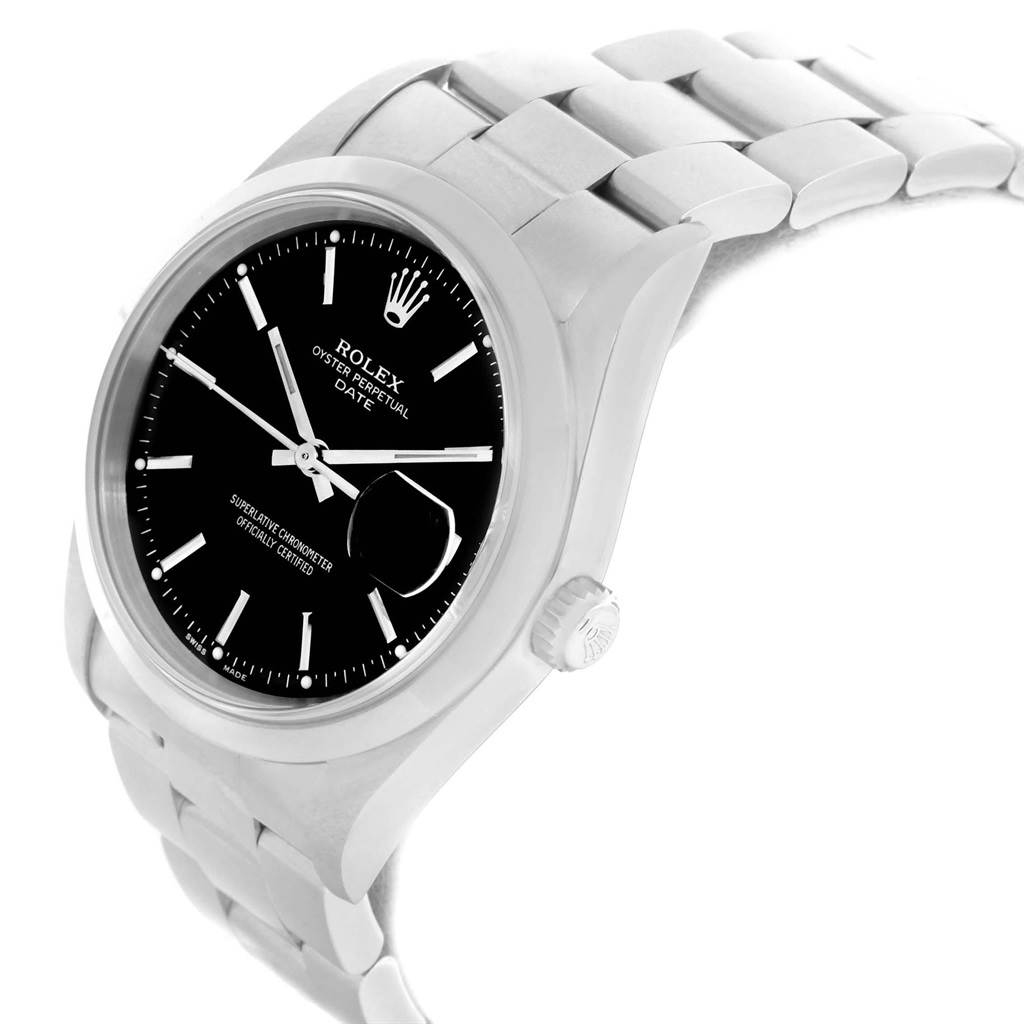 The Rolex Date 15200 Men's Stainless Steel Black Dial 15200 Men's Stainless Steel Black Dial model watch is shown at an angled close-up, highlighting the black dial, crown, bezel, and part of the bracelet.