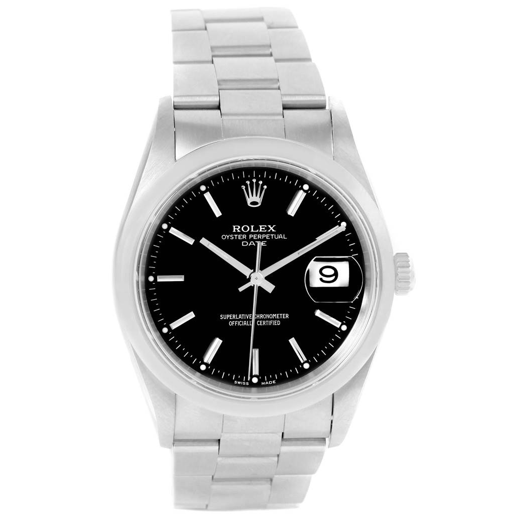 This is a front view of a Rolex Oyster Perpetual Date watch, showing the face, bezel, crown, and bracelet.