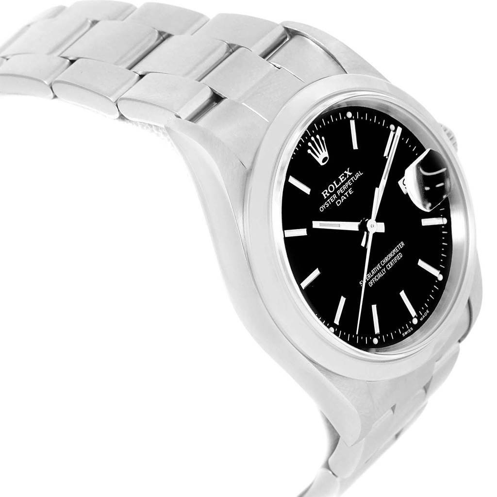 This image shows a side-angle view of a Rolex Date 15200 Men's Stainless Steel Black Dial 15200 Men's Stainless Steel Black Dial model watch, highlighting the bracelet, case, and black dial.