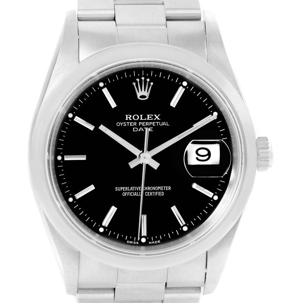 This is a front view of a Rolex Oyster Perpetual Date model watch, displaying the face, dial, and part of the bracelet.